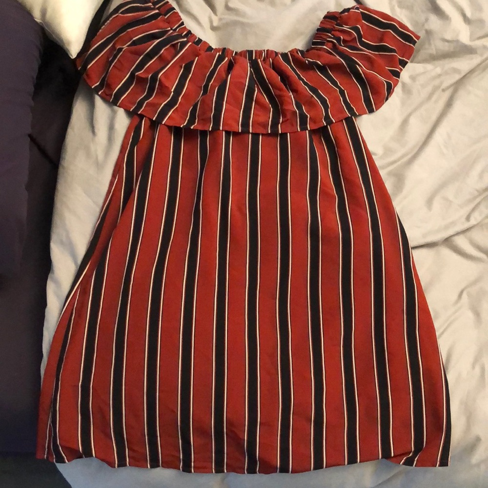 Off the shoulder dress.